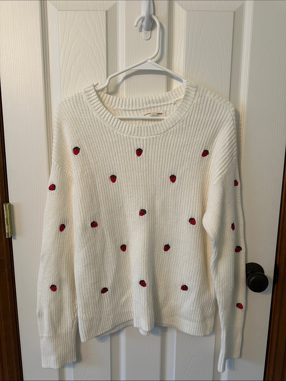 Lucky Brand Cream Sweater with Red Strawberry Embroidery